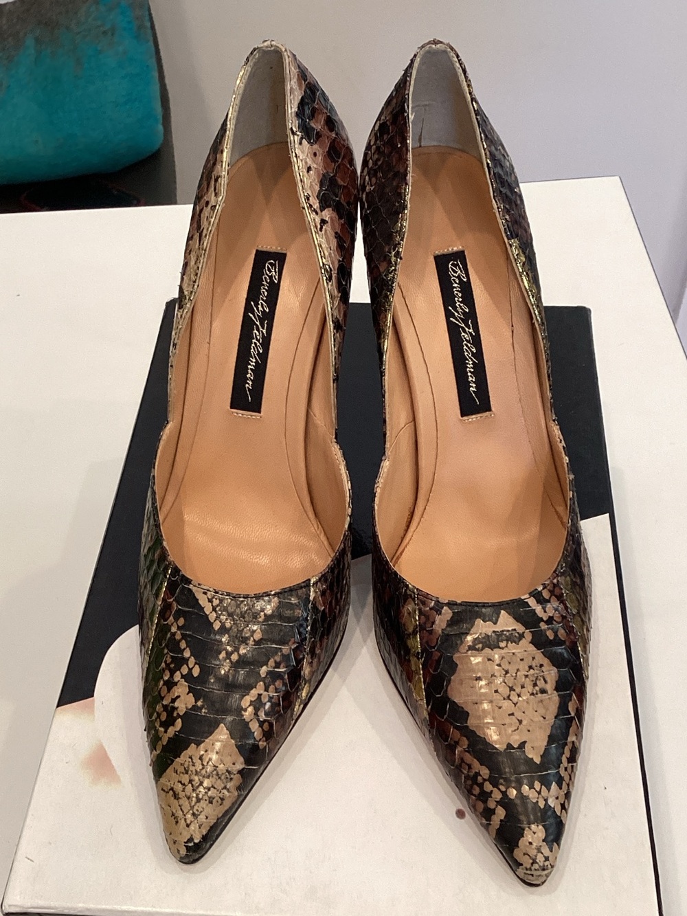 Beverly Feldman Black and Tan Snake-Print Pointed-Toe Pumps